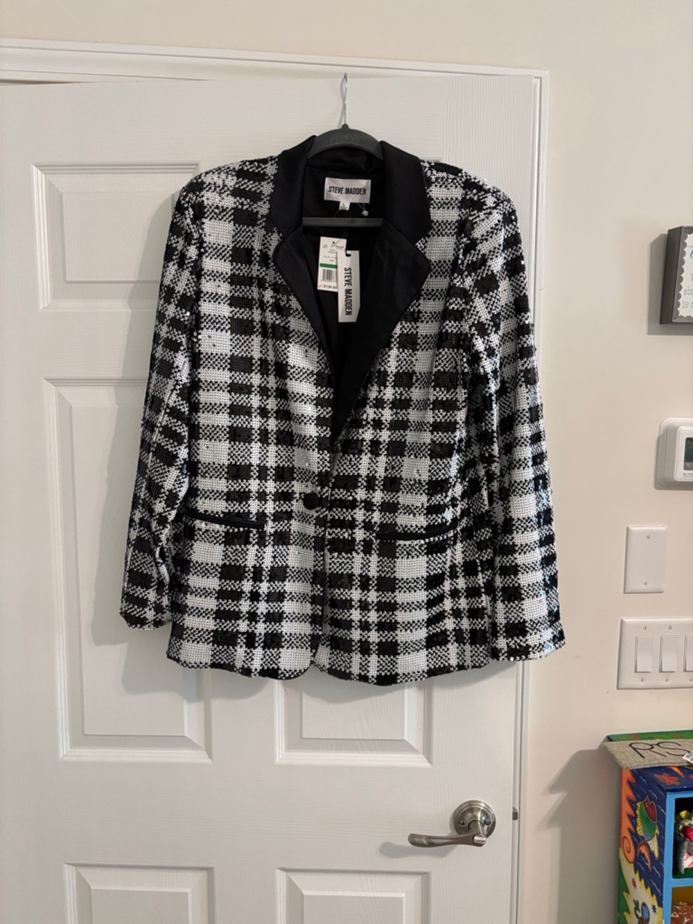 Steve Madden Black & White Plaid Tailored Blazer all sequins